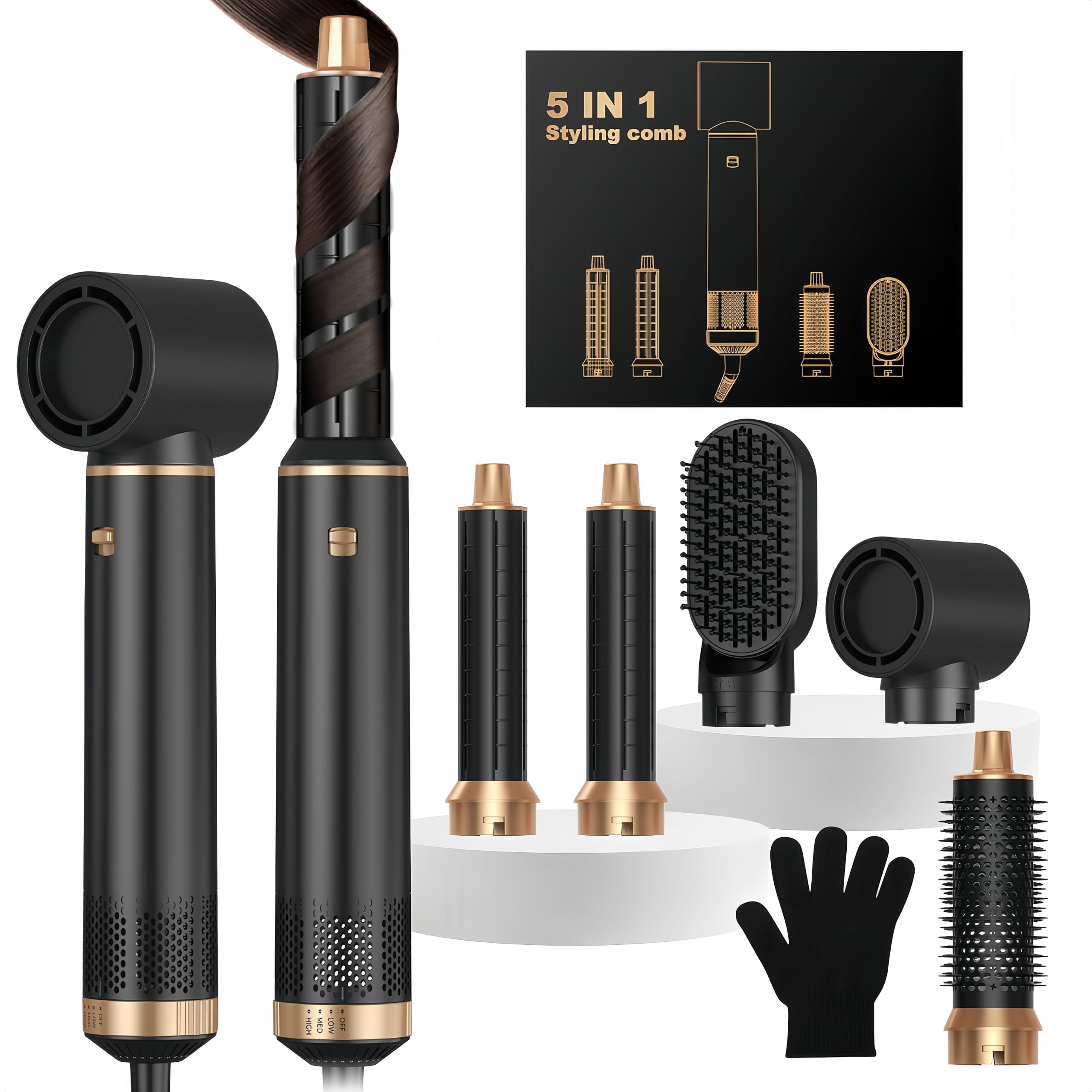 Airstyler 5 in 1 Hairstyler mit Air Lockenstab Föhn Heißluftbürste Haarstyling Geräte Föhnbürste Warmluftbürste Rundbürstenföhn Lockenföhn Stylingbürsten Multi Air Hair Dryer Styler Set, Schwarz/Gold