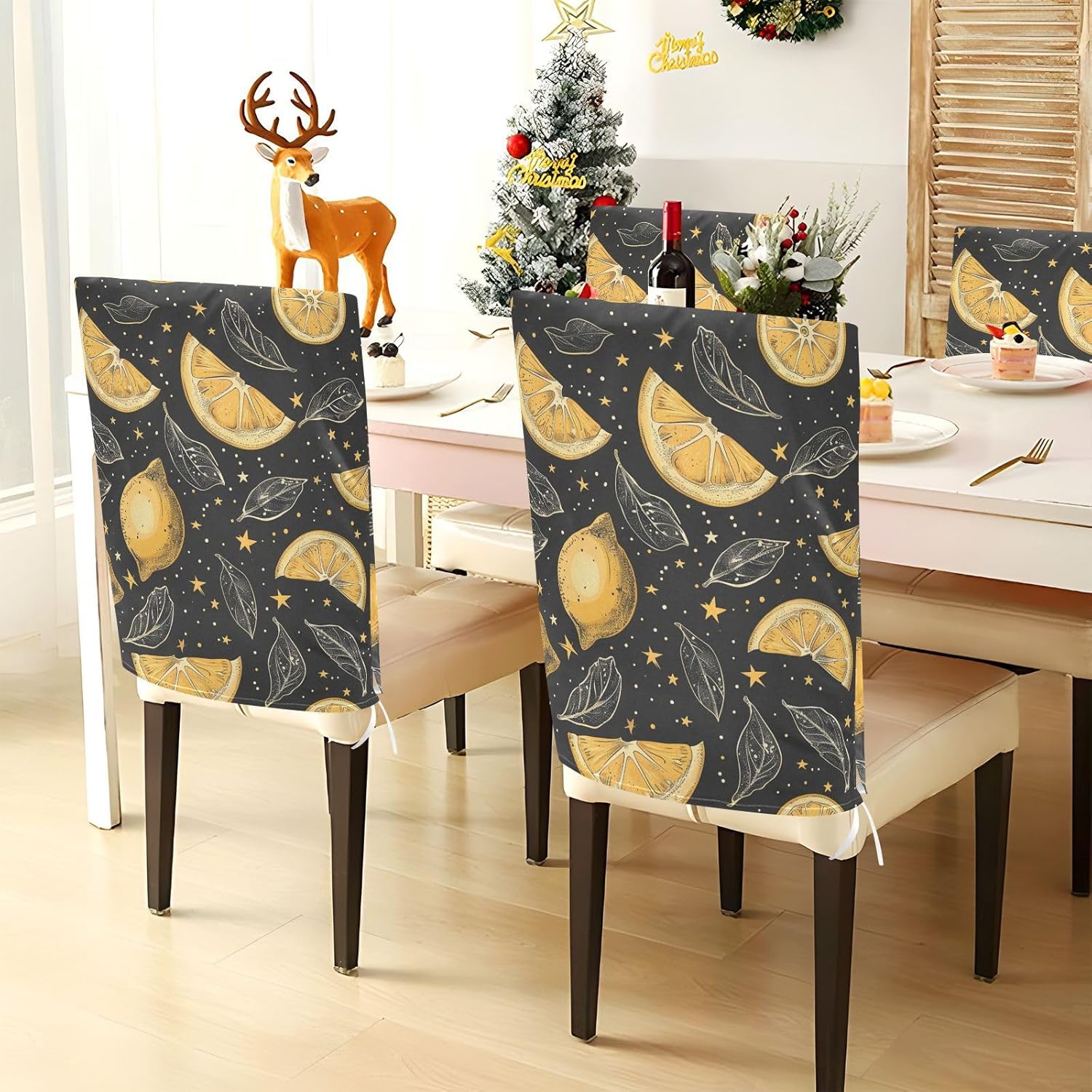 ALAZA Lemon Stars Moon Chair Back Cover Set of 6, Washable Reusable Removable Chair Slipcovers Decorative Chair Cover for Home Kitchen Wedding Party