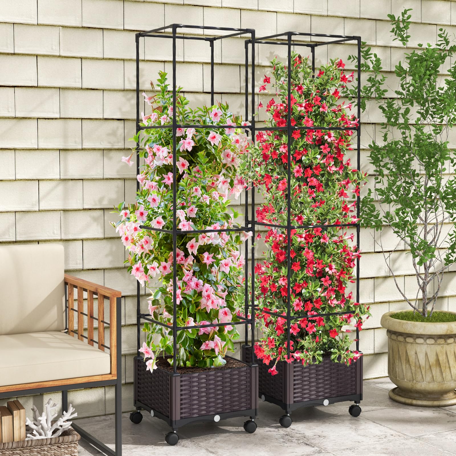 COSTWAY Rankhilfe mit Blumenkasten auf Rollen, Garten Obelisk höhenverstellbar, beschichtetes Metall & PP, Rankgitter mit Pflanzkasten & Selbstbewässerung, für Blumen Kletterpflanzen, 40x40x170cm
