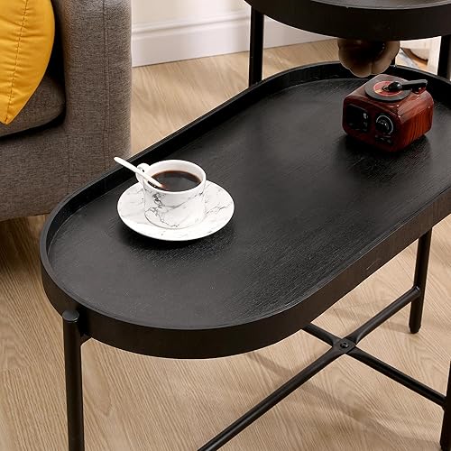 Miniatura 6 de Mesa auxiliar moderna de metal con bandeja redonda, mesa auxiliar de sofá de 2 niveles, mesa auxiliar de metal con estante de almacenamiento para