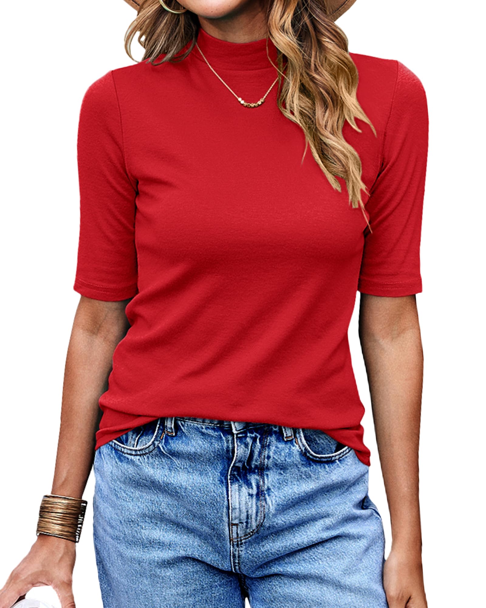 Womens Half Sleeve Mock Turtleneck Tunic Tops Dressy Casual Spring T Shirts Slim Fit Basic Tops