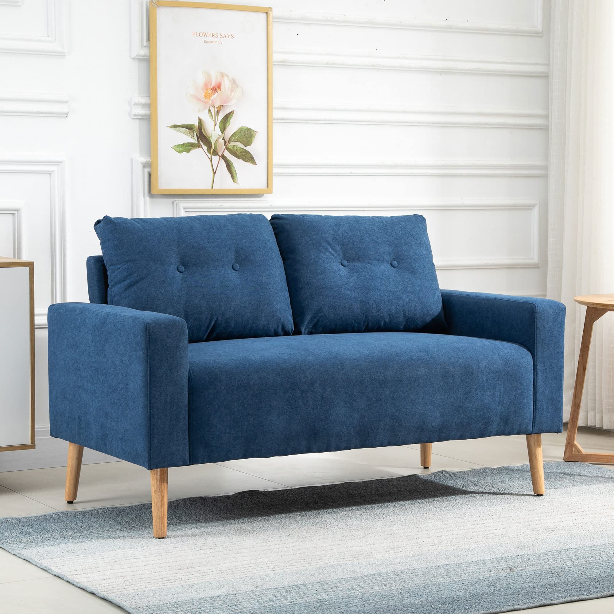 HOMCOM Divano 2 Posti Moderno in Stile Nordico con Schienale Trapuntato, in Poliestere e Legno, 145x76x88 cm, Blu