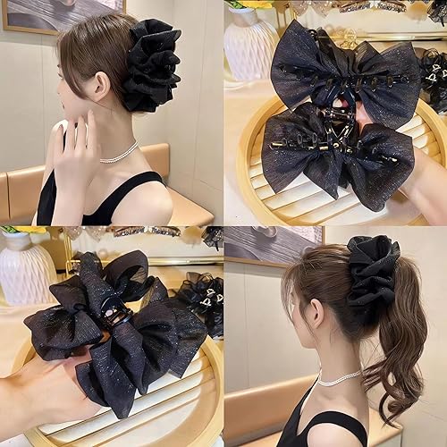 Miniatura 2 de Clip de pasador francés de satén sedoso con lazo grande para mujer, lazo de seda de gasa, clips de burbujas en capas de tul esponjoso, accesorios