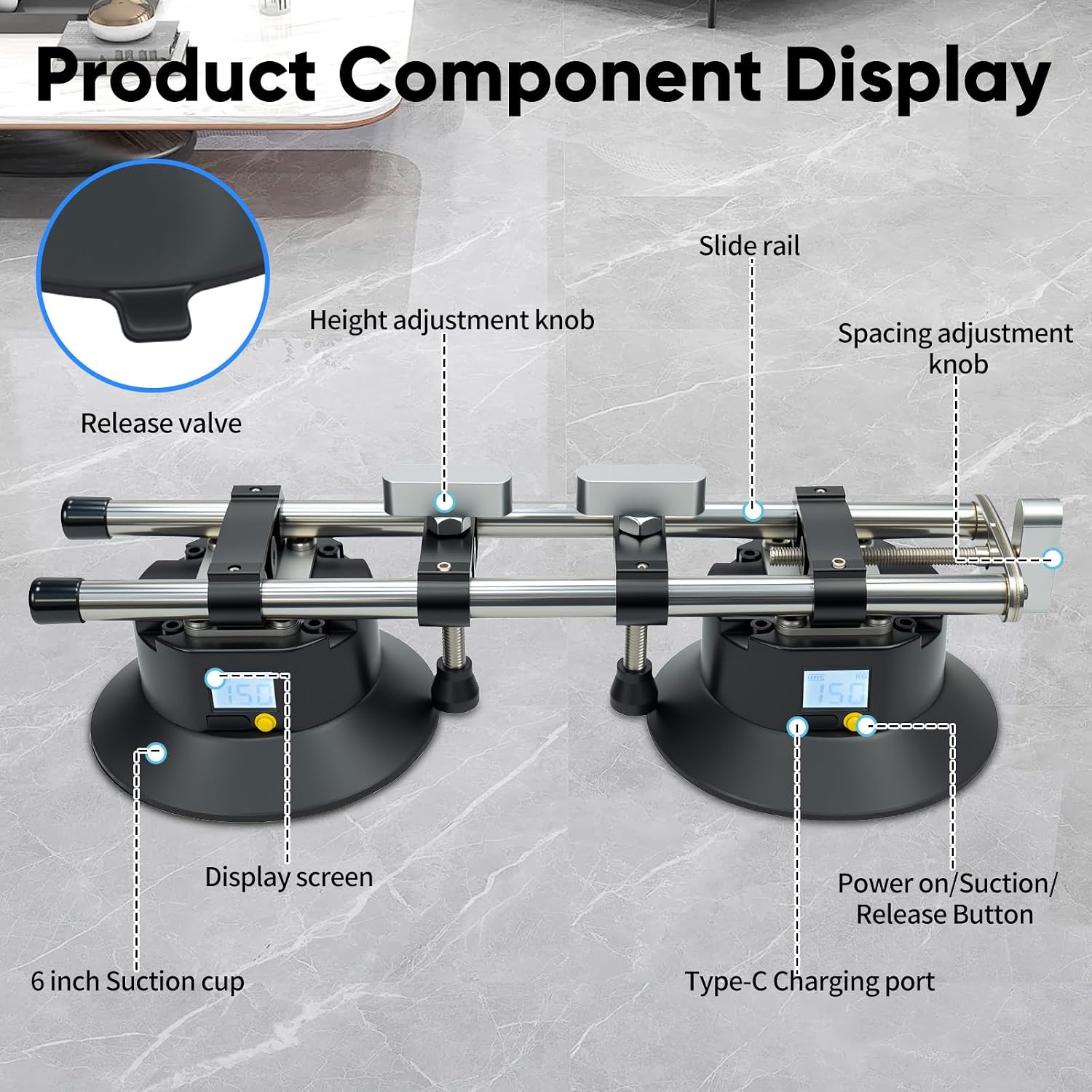 Seamless Seam Setter with 6“ Electric Suction Cups for Aligning and Tightening Seams, Professional Countertop Installation Tool for Quartz Slabs, Granite, Stone, Marble,Tile Seam Joining and Leveling