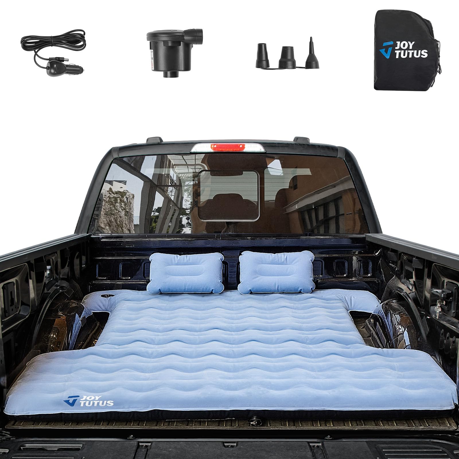 JOYTUTUS Upgraded Light Version Truck Bed Air Mattress for Camping, Thicken Inflatable Mattress for 6.4-6.7Ft Full Size Regular Bed,with Built-in Cup Holder&2 Inflatable Pillow,Grey Blue