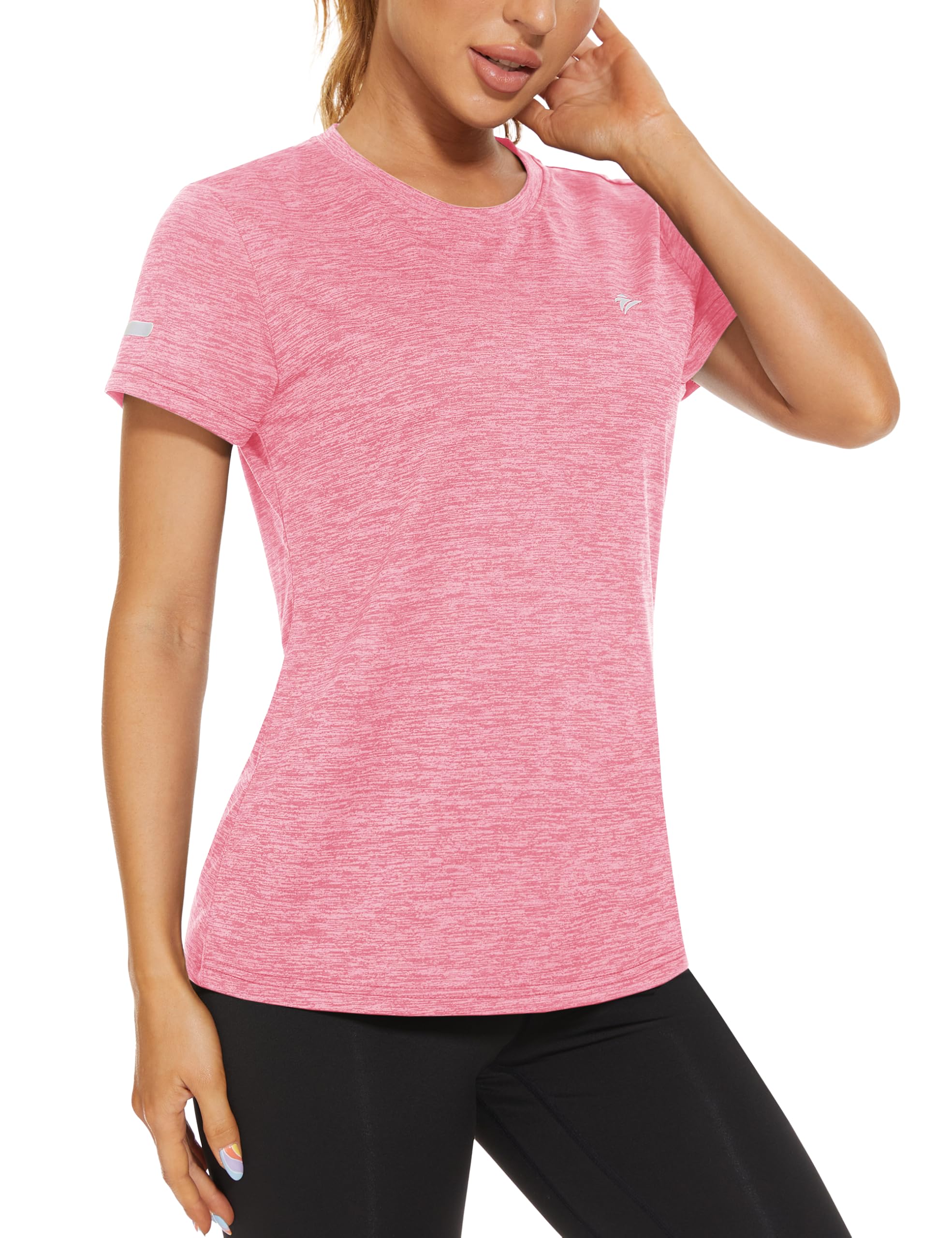 TACVASEN Damen Meliert Sport T-Shirt Laufshirt Kurzarm Sportshirt Rundhals Shirt Sommer Leicht mit Reflexstreifen