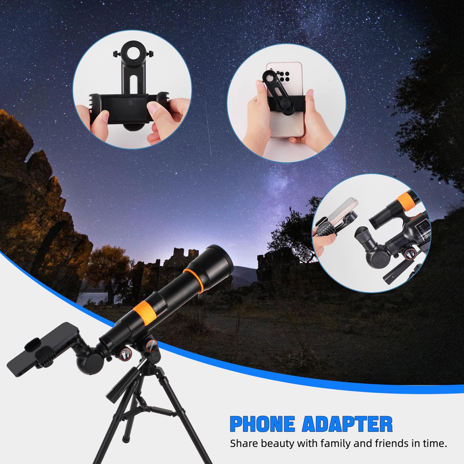 Télescope pour Enfants et Adultes Débutants - Télescope Réfracteur avec Ouverture pour l'Observation des Étoiles avec Trépied Réglable et Adaptateur Téléphone - Cadeau Parfait pour l'Astronomie pour