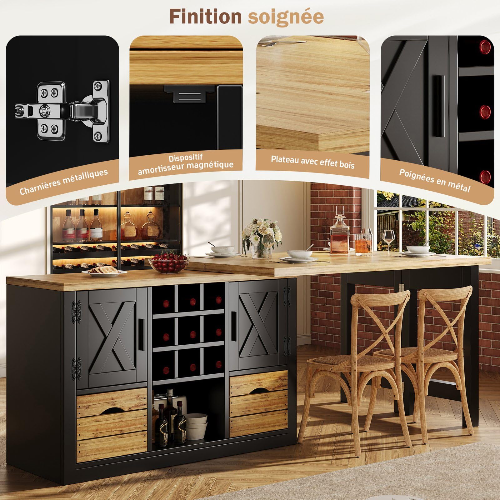 KOMHTOM îlot Central Cuisine Extensible,Noir,120-197 cm,avec Rangement