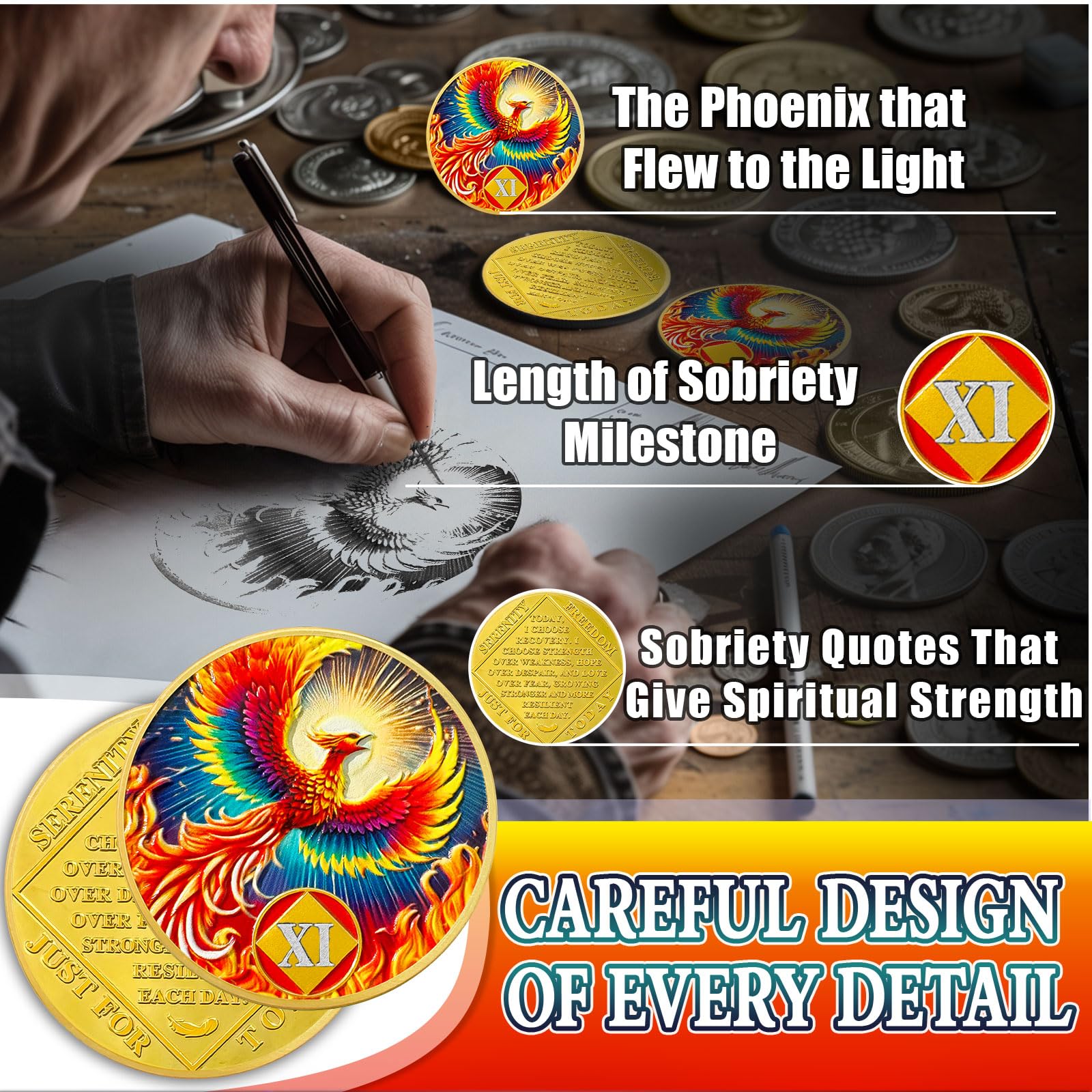 Phoenix of Light 11 Year Nüchternheitsmünze, Fly to Hope NA Coin - Addiction Recovery Chip mit Token-Kapsel, inspirierende Nüchternheit Geschenke für Männer und Frauen