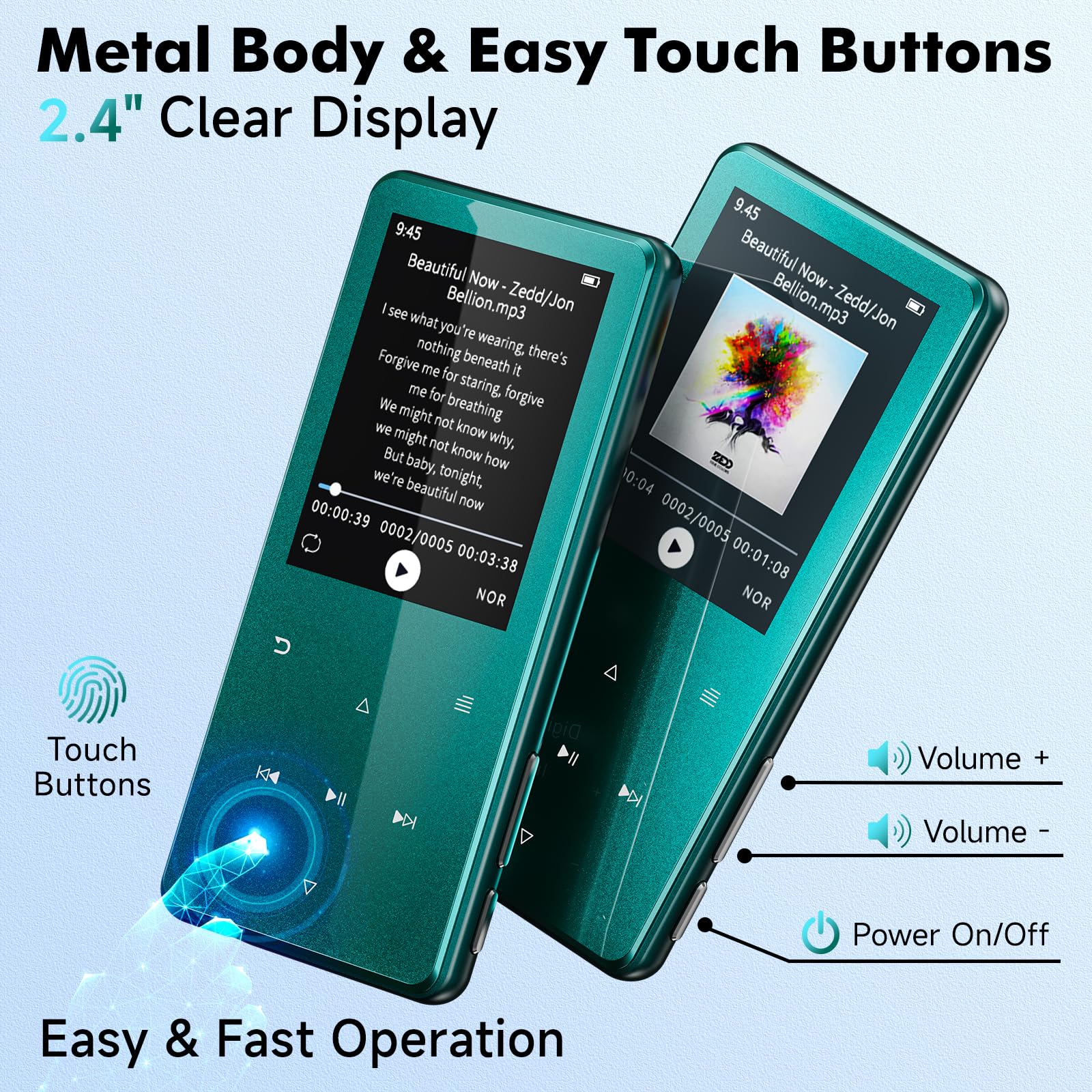 Lecteur MP3 Bluetooth 5.3 64Go écran 2,4" Touches tactiles Haut-Parleur