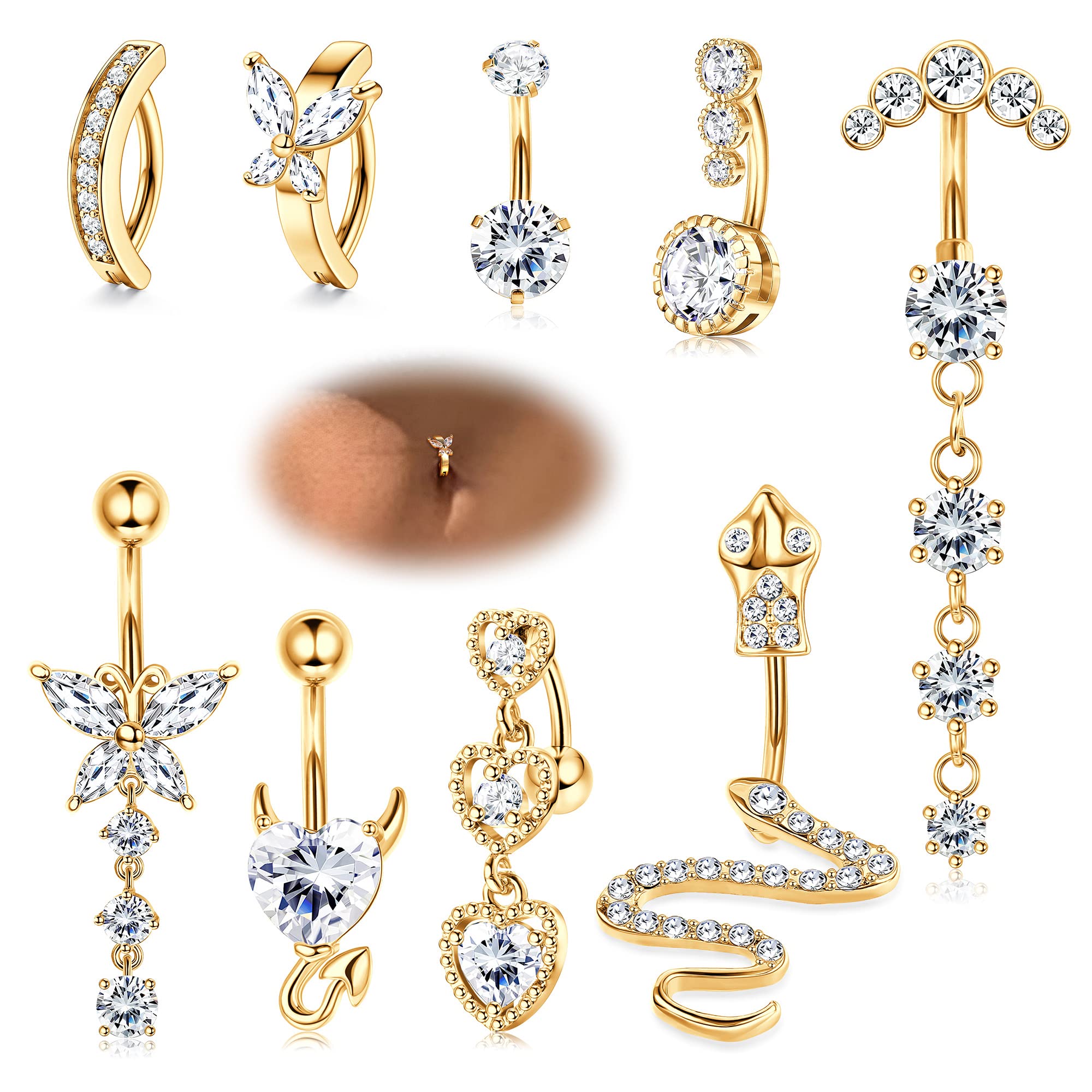 CASSIECA 9 Piezas 14G Piercing Ombligo Acero Quirurgico para Mujer Piercing Ombligo Clicker del Ombligo Serpiente Mariposa Piercing Ombligo Aro de Moda CZ Piercing Ombligo