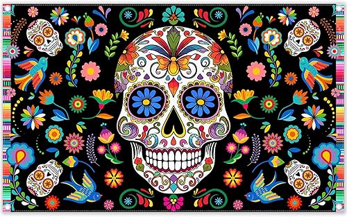 YCUCUEI Telón de fondo de tela para el Día de los Muertos de 72 x 43 pulgadas, fiesta mexicana, calavera de azúcar, flores, fondo de fotografía Dia