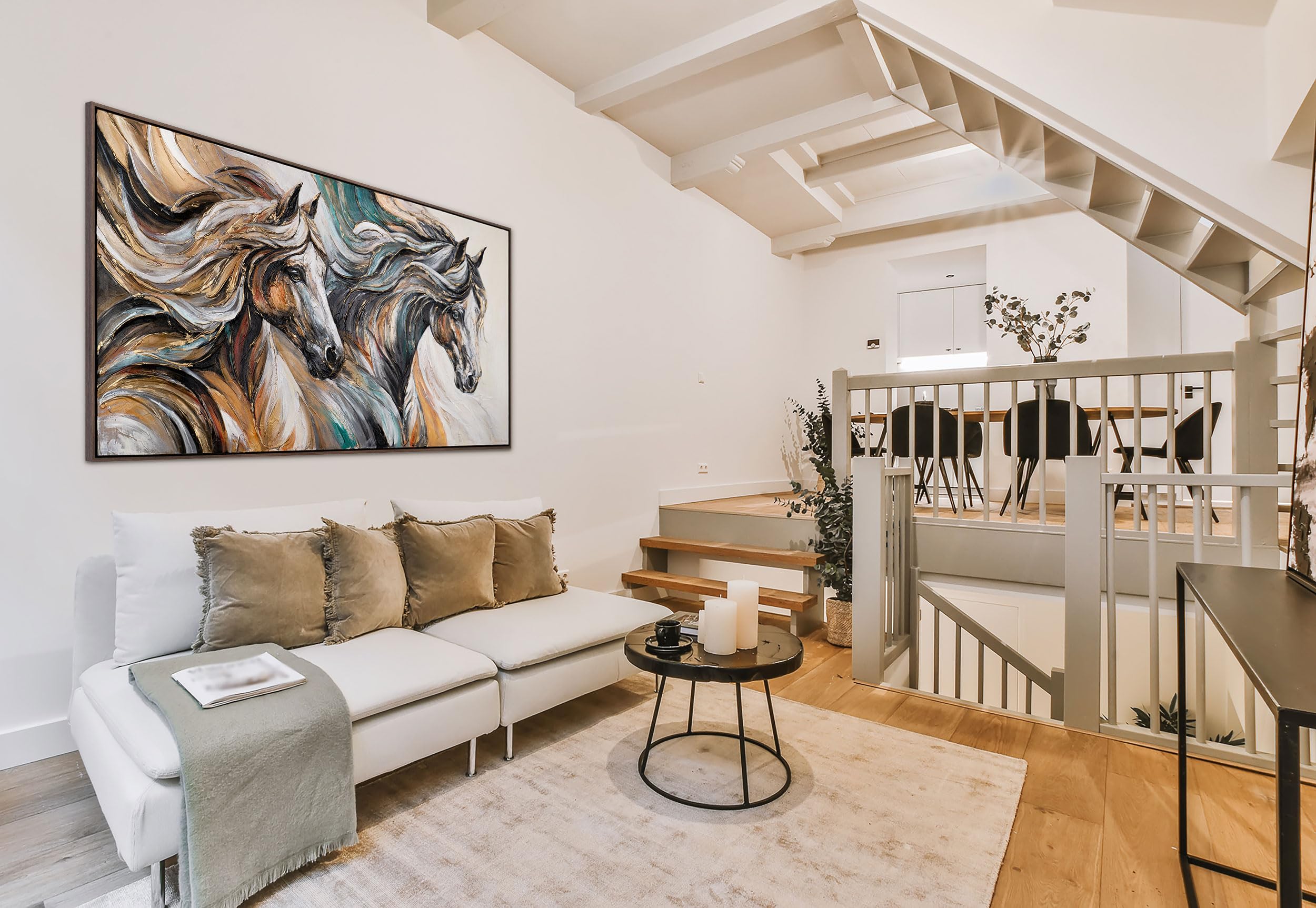 YS-Art Quadro Cavalli Astratti Dipinto a Mano su Tela con Texture Materica e Dettagli Oro per Soggiorno Ufficio 140x70 cm