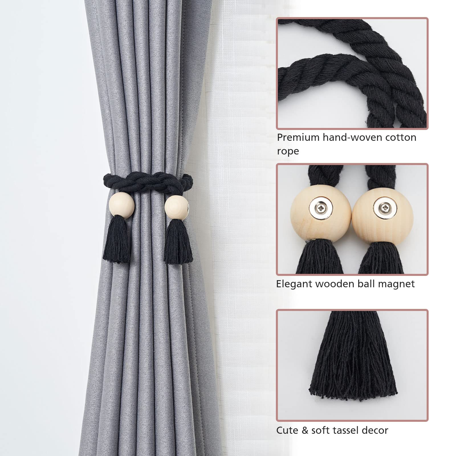 Contoeey Lot De 2 Embrasses De Rideaux Magnétiques En Bois De Style Bohème Pour Rideaux De Fenêtre Faites à La Main, Blanc