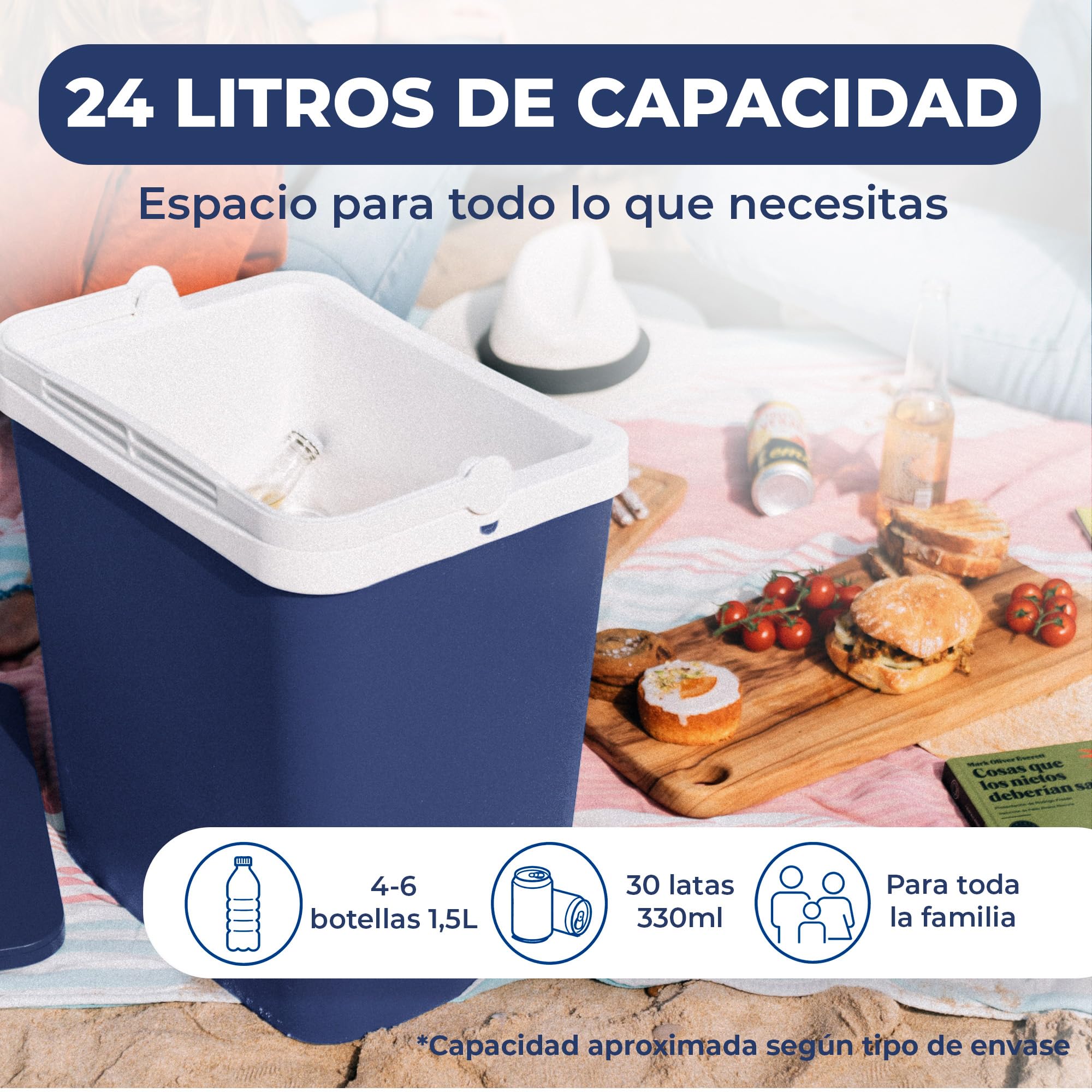 Nevera Portatil Playa Rígida L - Polipropileno de Color Blanca y Azul - Resistente y Duradera Ideal para Camping, Barbacoas, Picnic - Fabricada en España