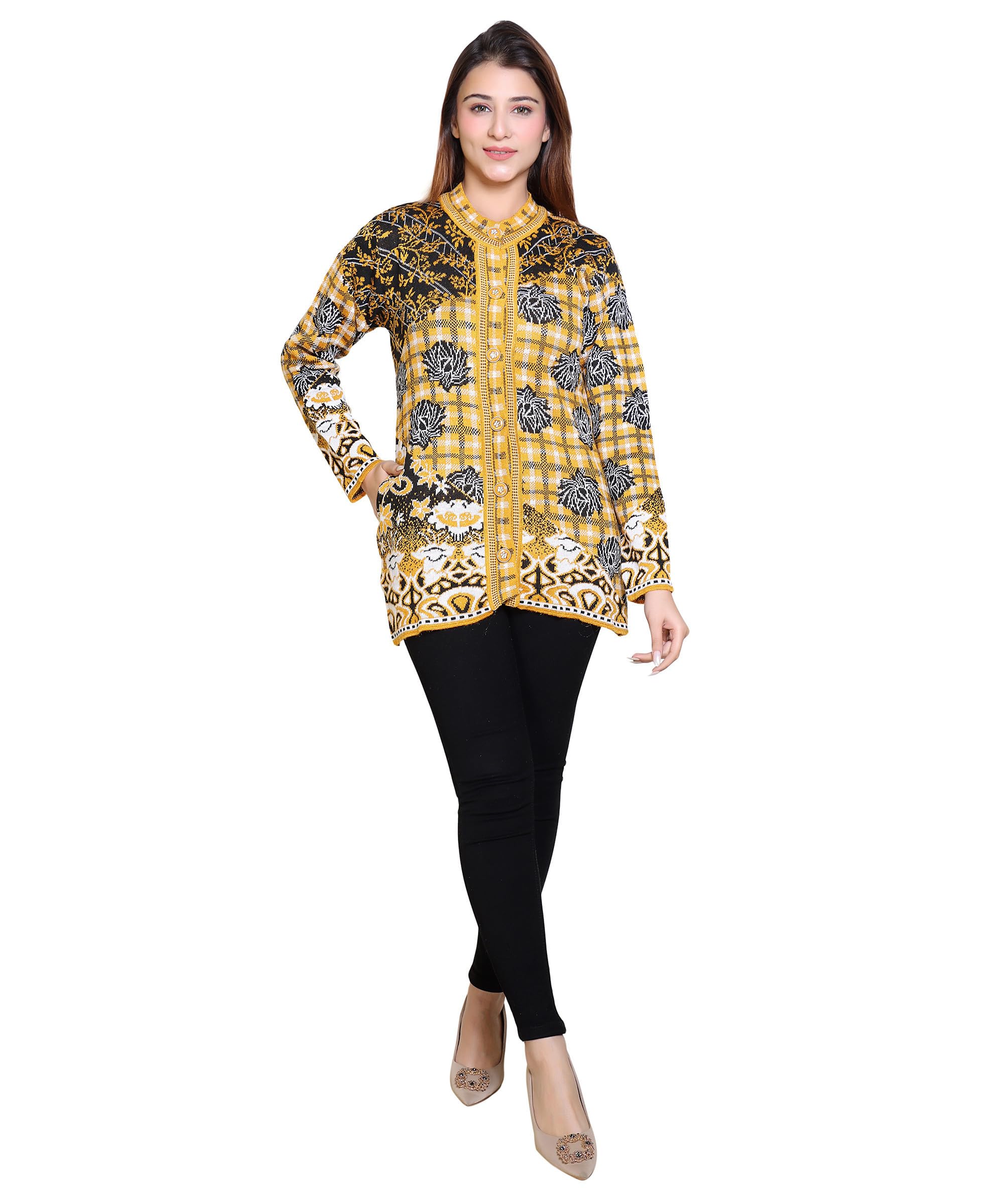 grand line Women Sweater for Winter Woolen Acrylic Full Sleeves Round Neck Floral Design Stylish Cardigan Sweater for Winter Season |Yellow, M-picture-56