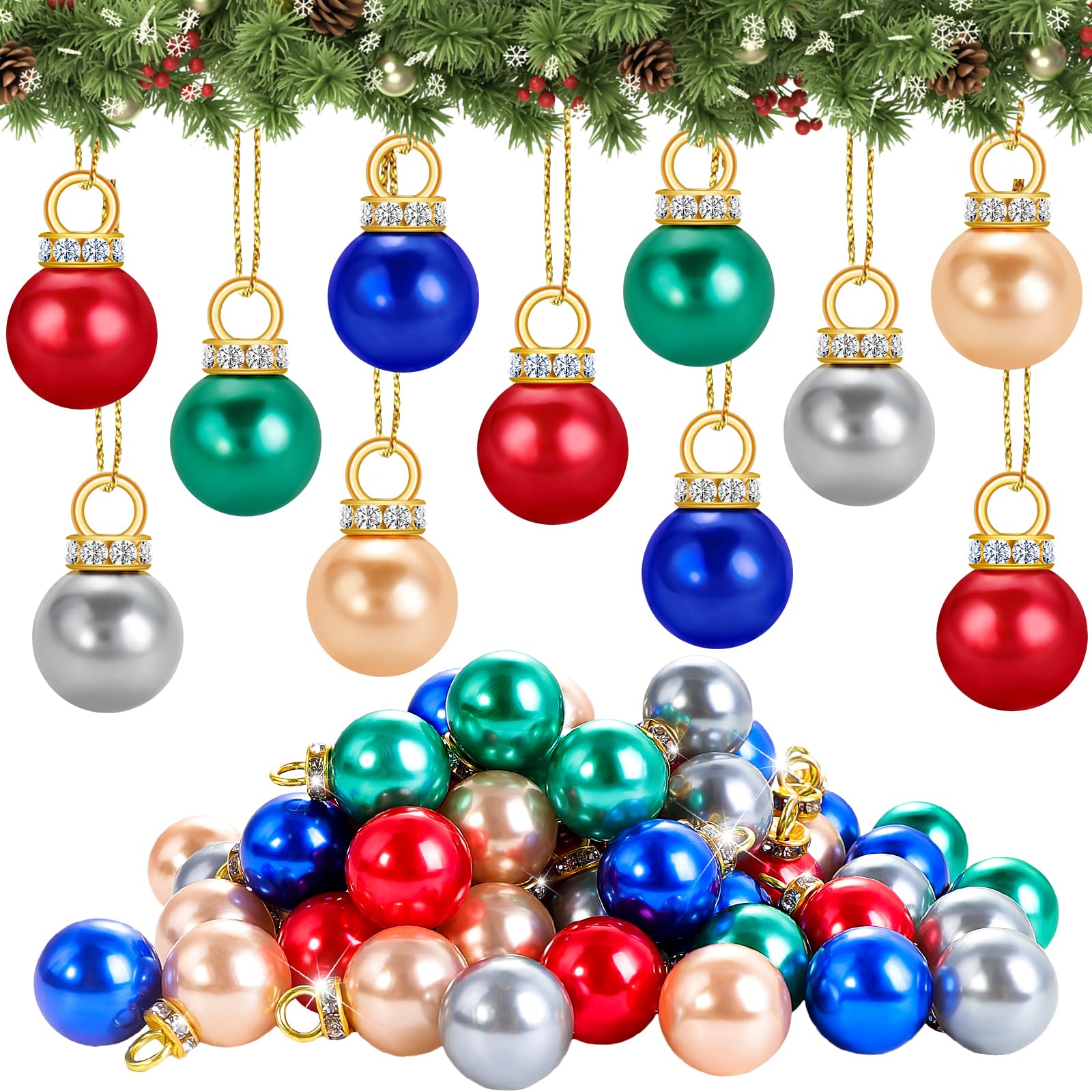 DIYDEC 60PCS Christmas Mini Balls Ornaments 16mm Miniature Glitter Balls Xmas Tree Hanging Decorations Pendants for Holiday Party Outdoor Indoor DIY Craft Supplies