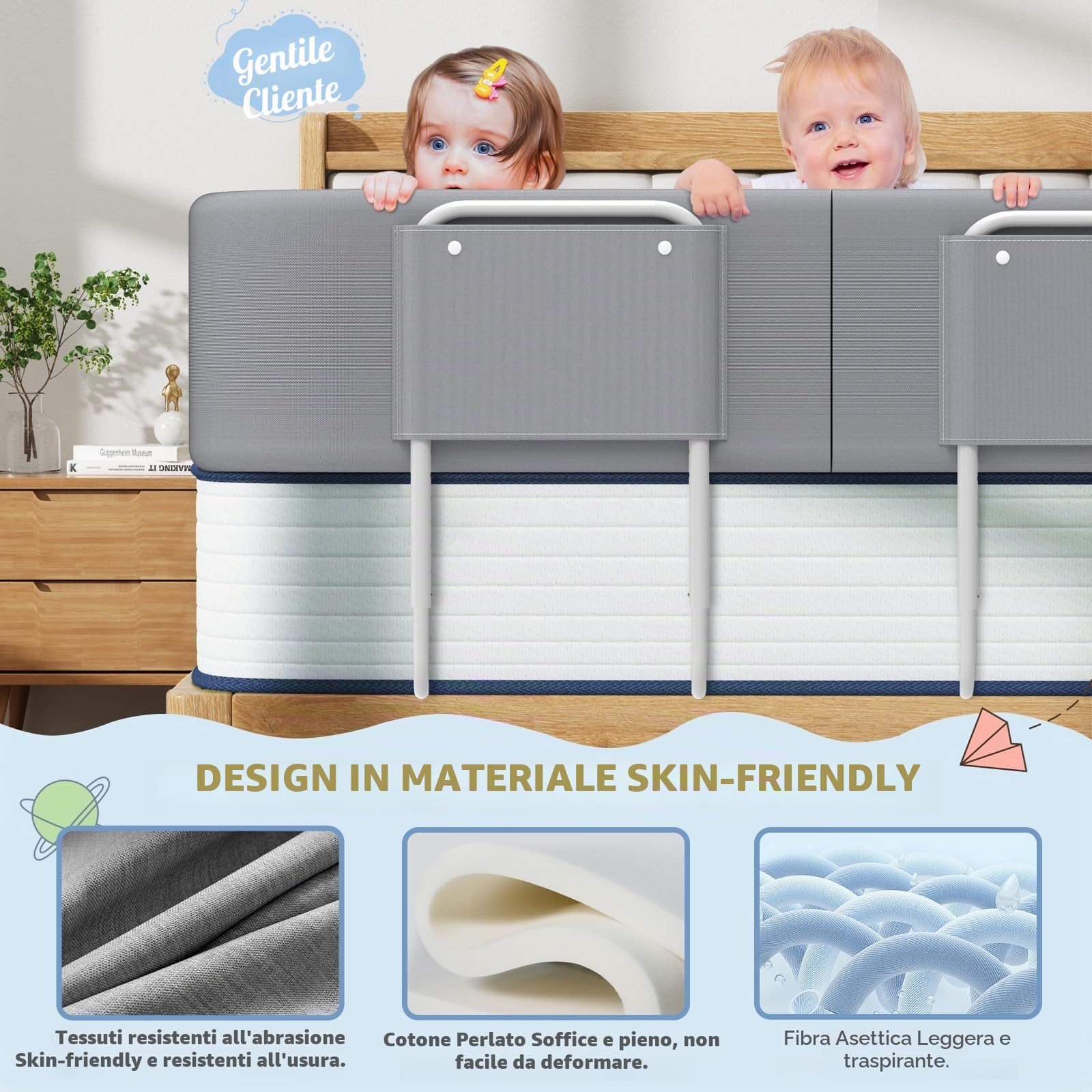 Sponde per letto bambini – Barriera letto sicurezza per bambini, protezione per letto matrimoniale e lettino, altezza regolabile 40-60 cm, rimovibile, portatile, grigio, 180cm