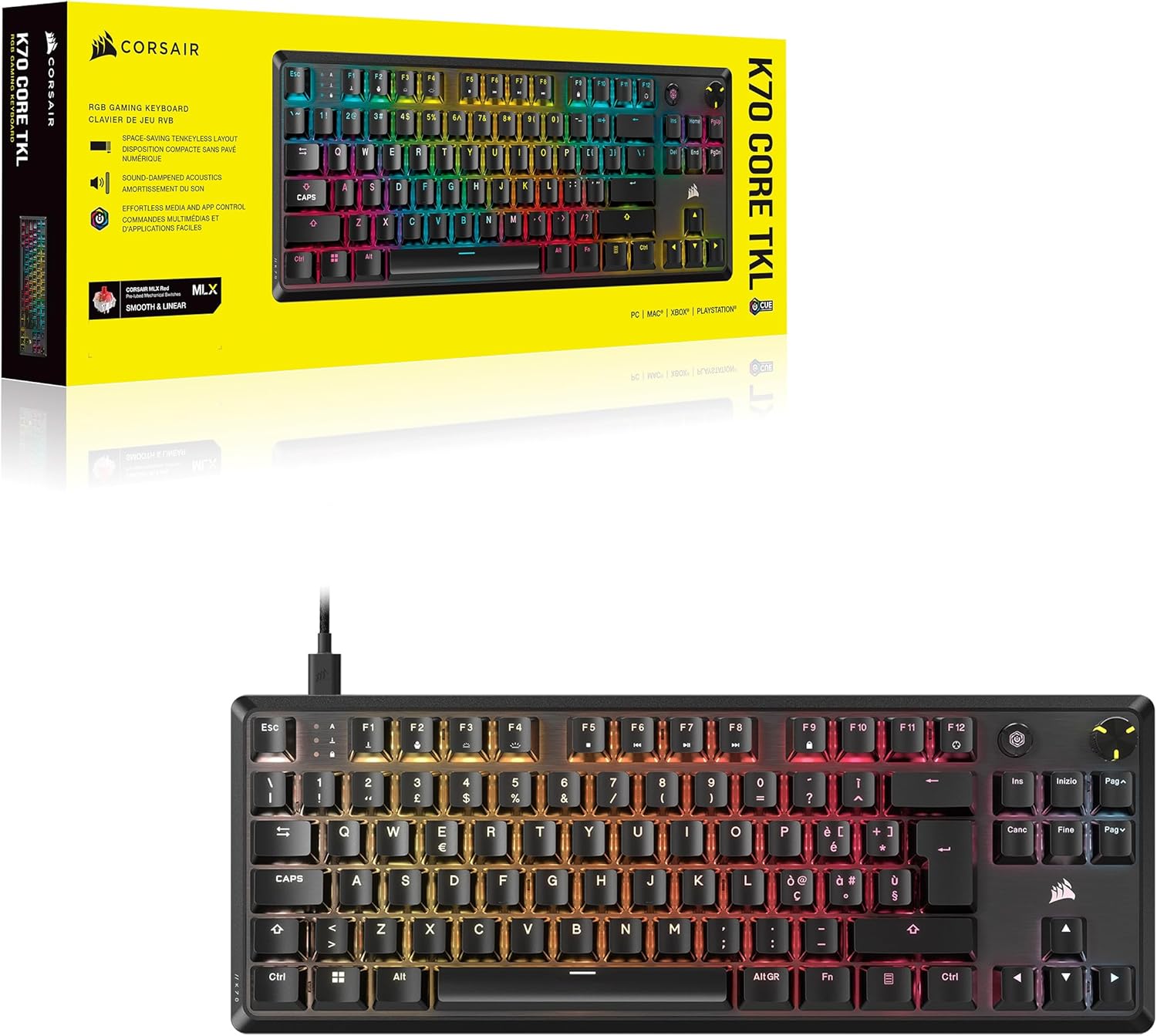 CORSAIR K70 CORE TKL RGB Tastiera da Gioco Meccanica Tenkeyless ÔÇô Interruttori Lineari CORSAIR MLX Red v2 Pre-Lubrificati ÔÇô SOCD ÔÇô Smorzamento del Suono ÔÇô Coprichiavi in ABS ÔÇô QWERTY IT ÔÇô Nero - Tastiera gaming - Immagine 9
