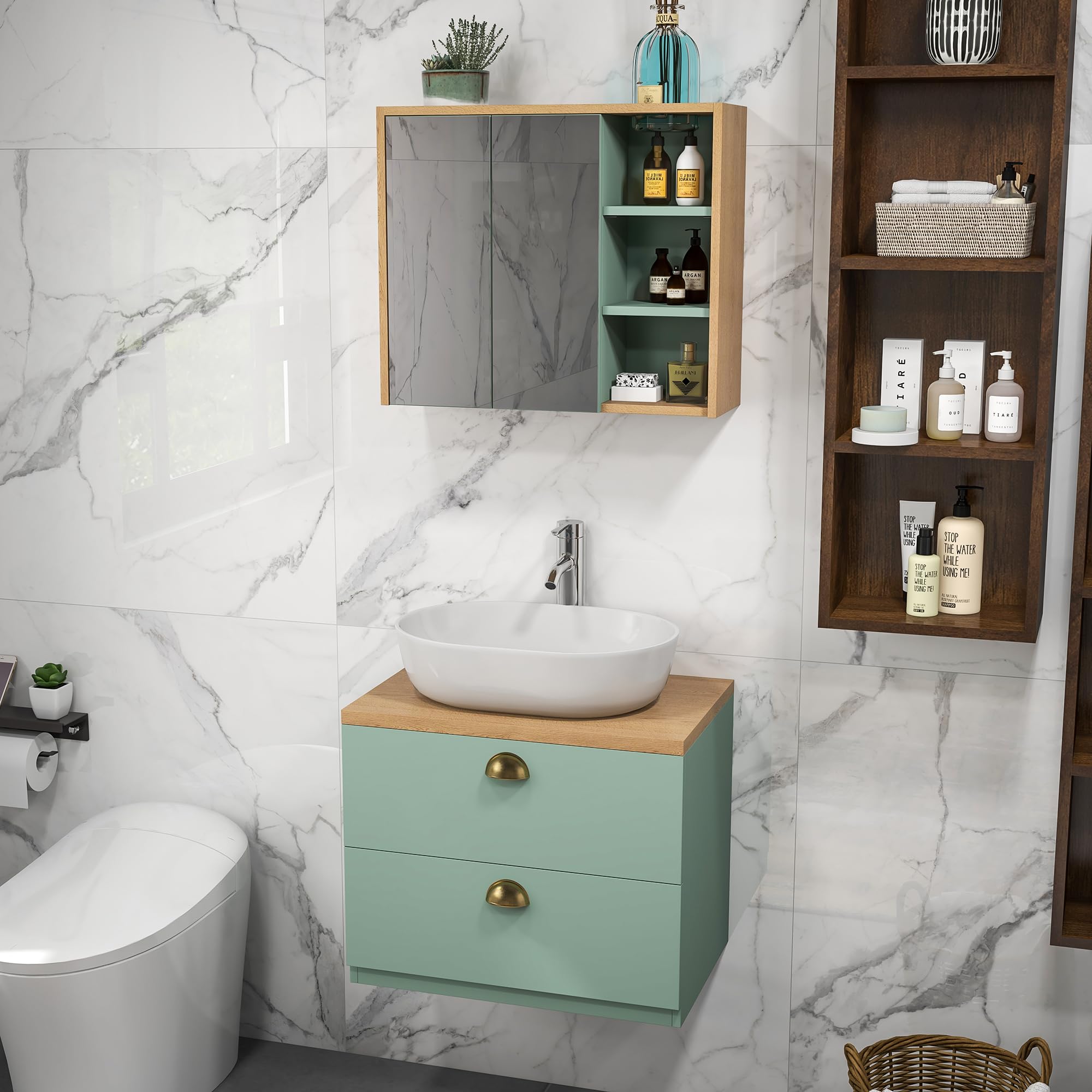 kleankin Ensemble de Meubles de Salle de Bain Armoire Miroir Salle de Bain + Meuble sous lavabo Suspendu avec étagères réglables 2 tiroirs Design scandinave Vert