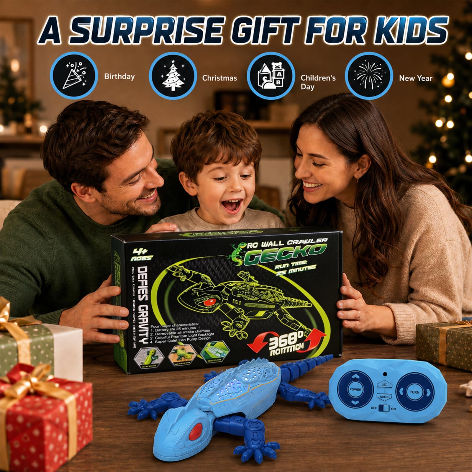 Gecko Wandflitzer, Ferngesteuerte Eidechse Wand Klettern, mit Leuchtenden LED-Augen, 360° Drehbar, Kann an Wänden und Decken hochkriechen, Geburtstag Weihnachten Geschenk Junge 3+ (B)
