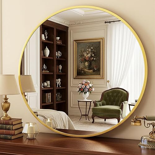 Miniatura 26 de Antok Espejo redondo - Espejo circular de 18 pulgadas para pared, baño, tocador, sala de estar, marco de metal, dorado