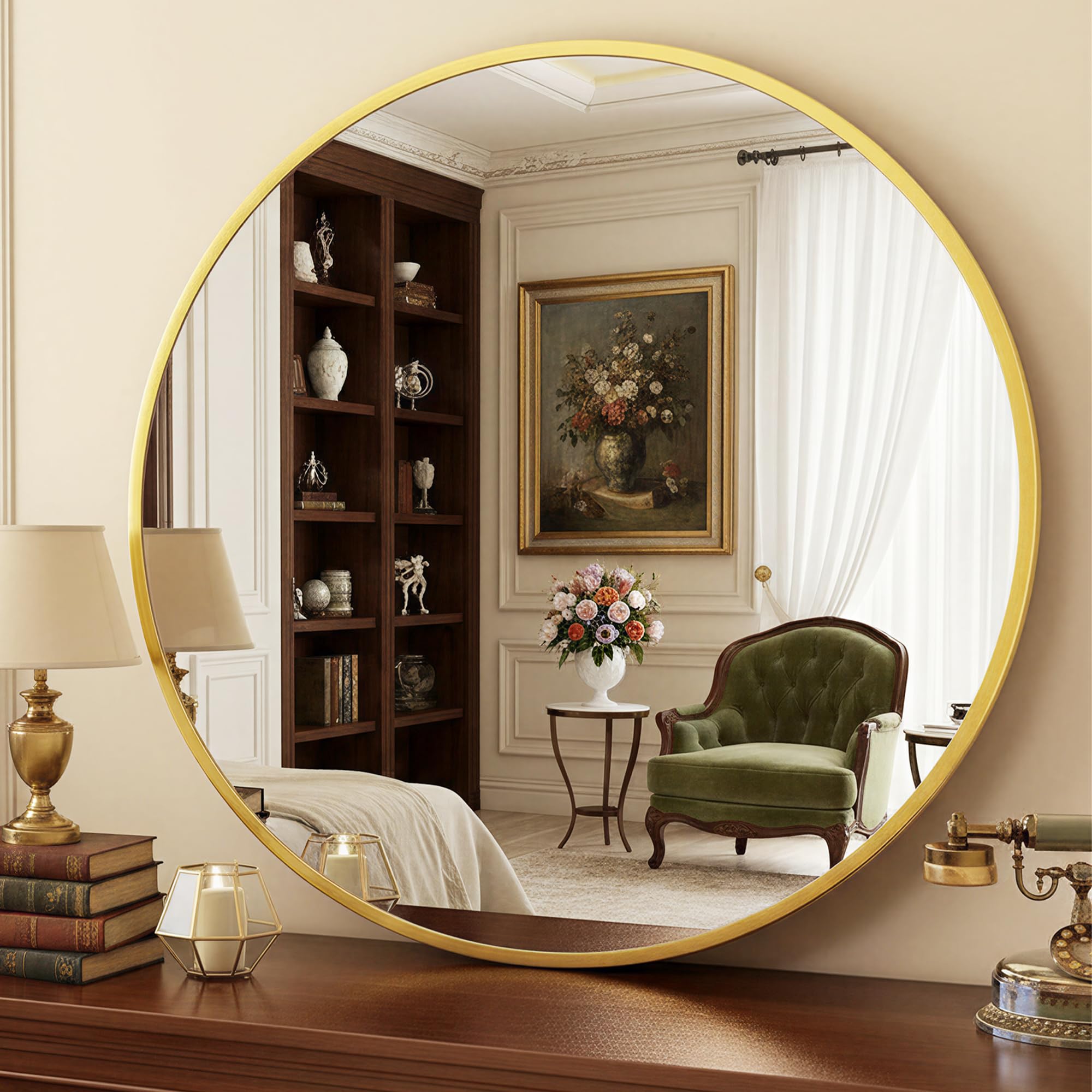 Miroir rond de salle de bain doré élégant en métal antok 76cm