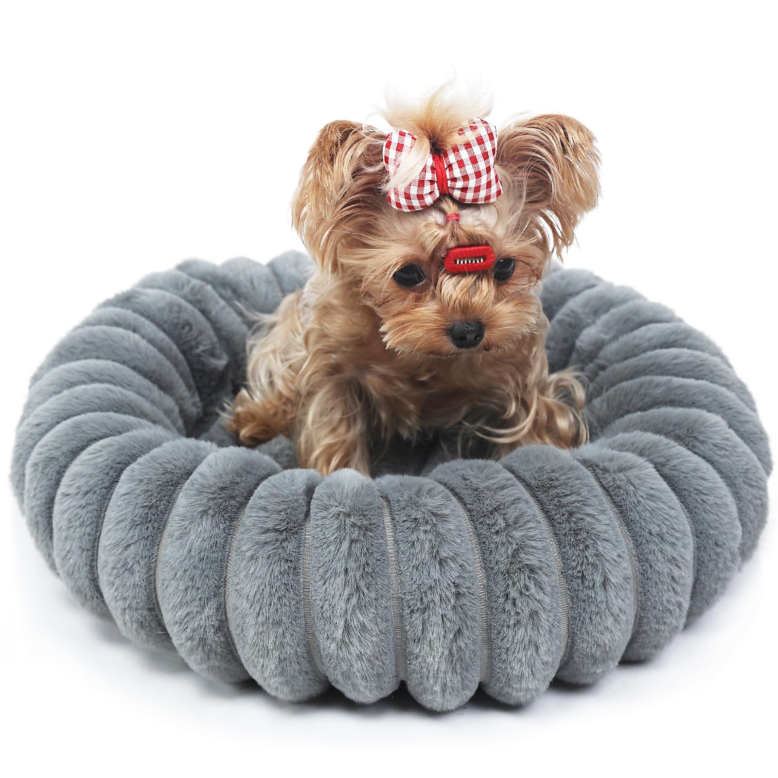 zihapgpzp Kitten Beds for Indoor Cats - Soft Cozy Small Cat Bed Washable 16 Inches,Calming Anti-Slip Round Fluffy Plush Faux Fur Pet Bed for Puppy and Kitten up to 5 lbs,Warm Grey