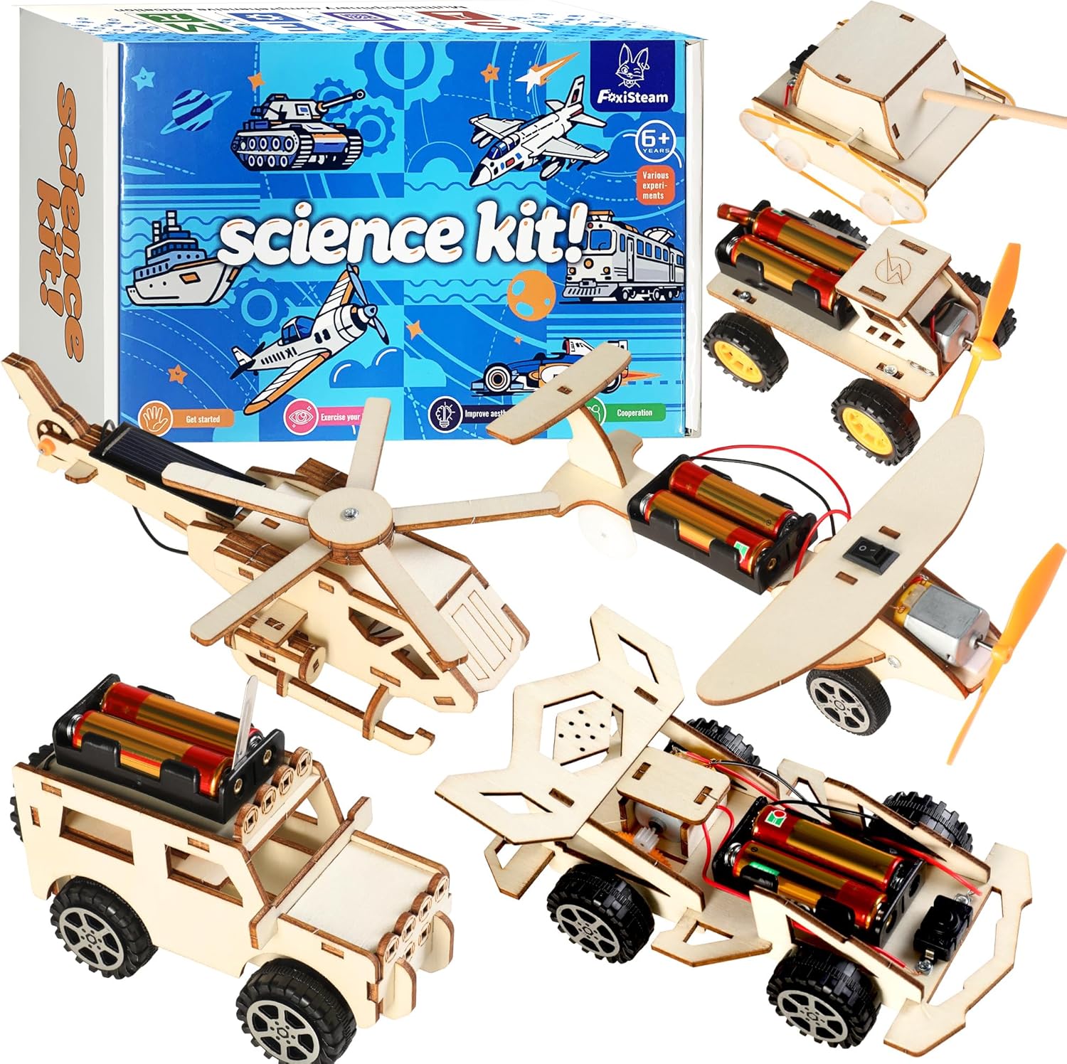 6-in-1 UV Printed STEM Kits for Kids Ages 8-12, Colorful Wooden Model Car Building Kit, No Painting Needed 3D Puzzles for Boys Girls, Educational Science Toys Birthday Gifts 8-14 Year Old