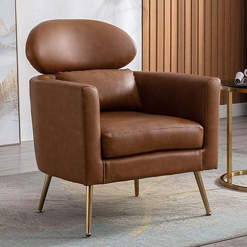 DM Furniture Silla decorativa de piel sintética, cómoda silla de sala de estar, silla de mediados de siglo, sofá individual con patas doradas y