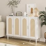 48" Rattan Sideboard Buffet Cabinet with Storage, Coffee Bar Console Table with Power Outlet, 4 Doors Accent Cabinet & Adjustable Shelves, Natural Dresser for Kitchen, Dining Room, Hallway, Natural
