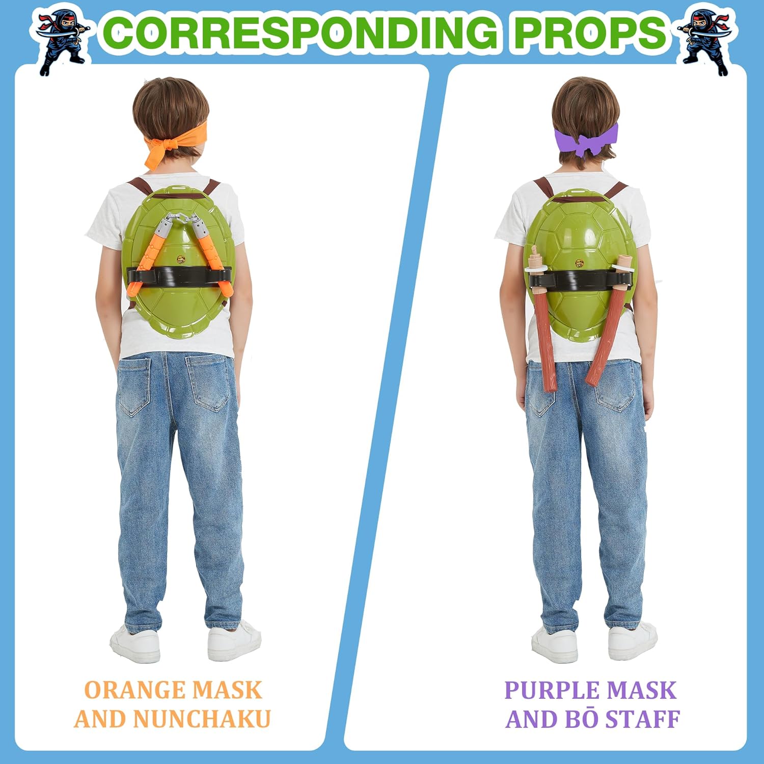 Superhero Ninja Cosplay Costume with Toy Weapons, Eye Masks and Shell for Kids Children - Image 2