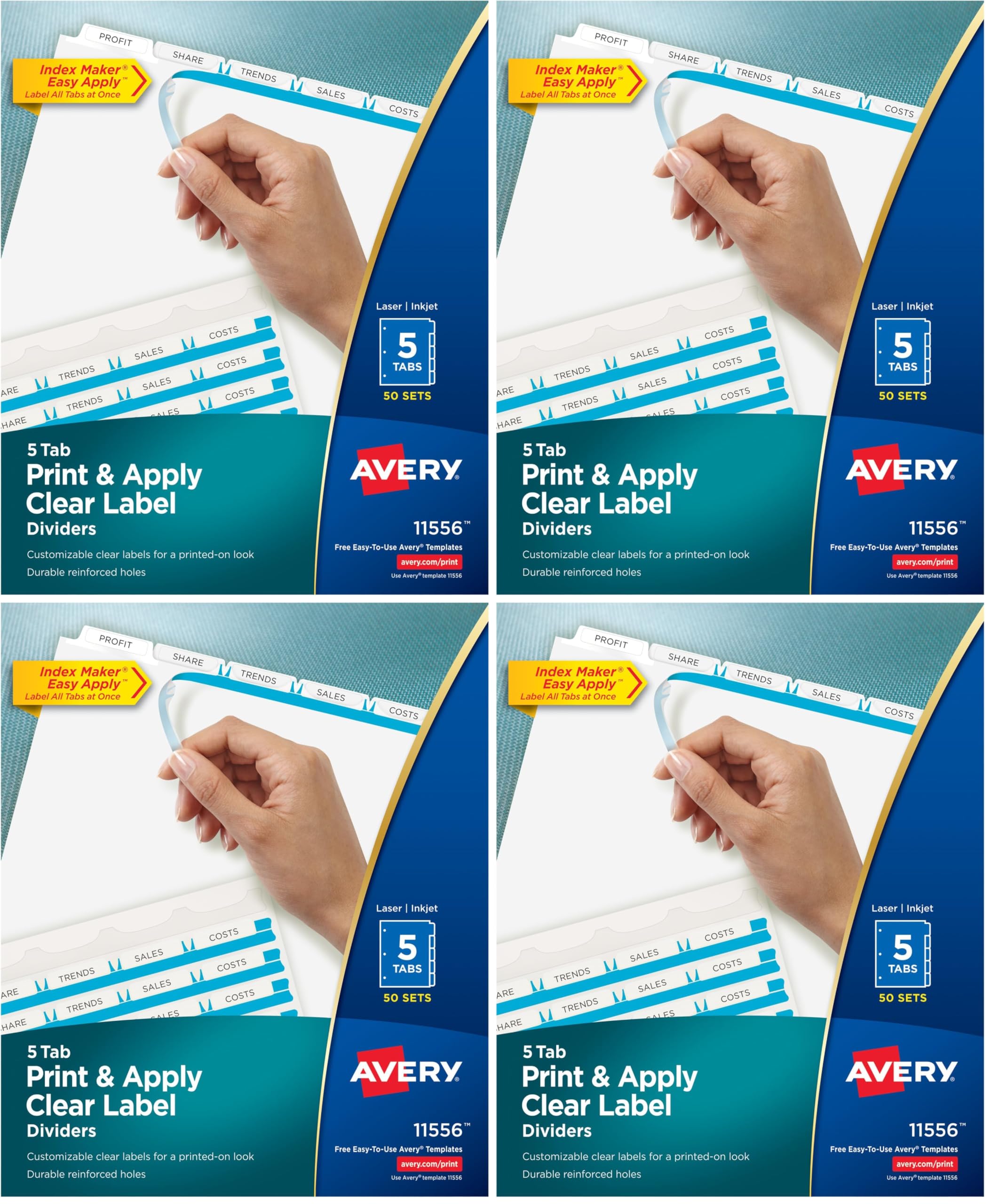 Avery Dividers for 3 Ring Binder, Easy Print &amp; Apply Clear Label Strip, Index Maker Customizable White Tabs, 50 Sets (11556) 5 tab (Pack of 4)