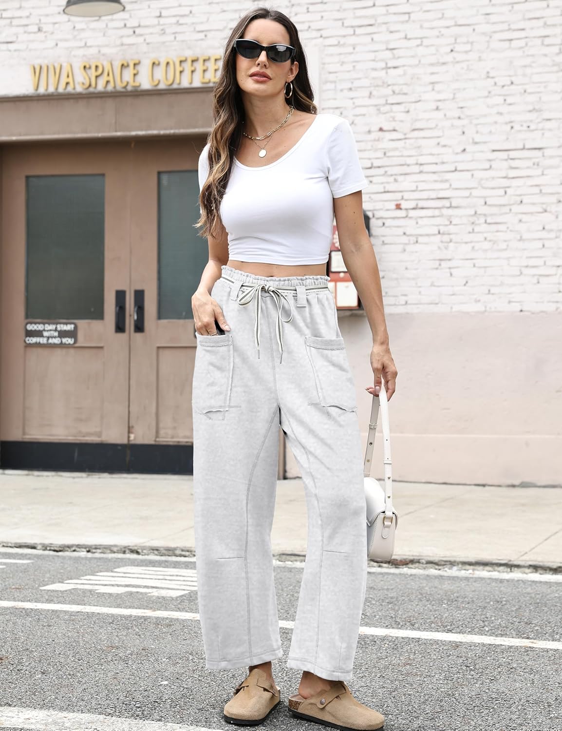 Womens Baggy Barrel Pants Wide Leg Elastic-Wasited Cotton Loose Palazzo Lounge Sweatpants with Pockets - Image 3