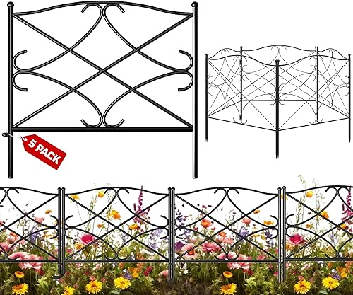 Miniatura 1 de Cerca decorativa de acero resistente de 24 x 10 pies (5 paneles), valla decorativa sin excavación, borde de valla de jardín de metal inoxidable para
