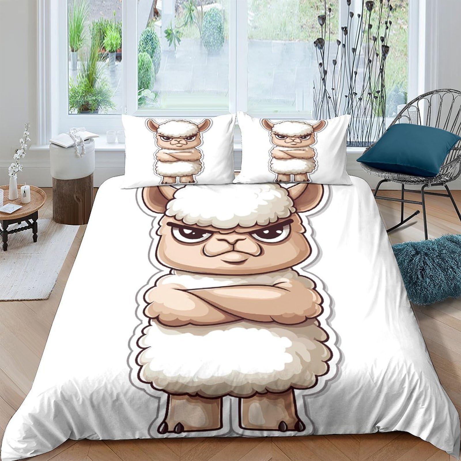 GPLZQXKJNH 3D Printed Funny Angry Alpaca Duvet Cover Microfiber Soft Breathable Cartoon Llama Bedding Set with 2 Pillowcases for Bedroom Decor Single（135x200cm）