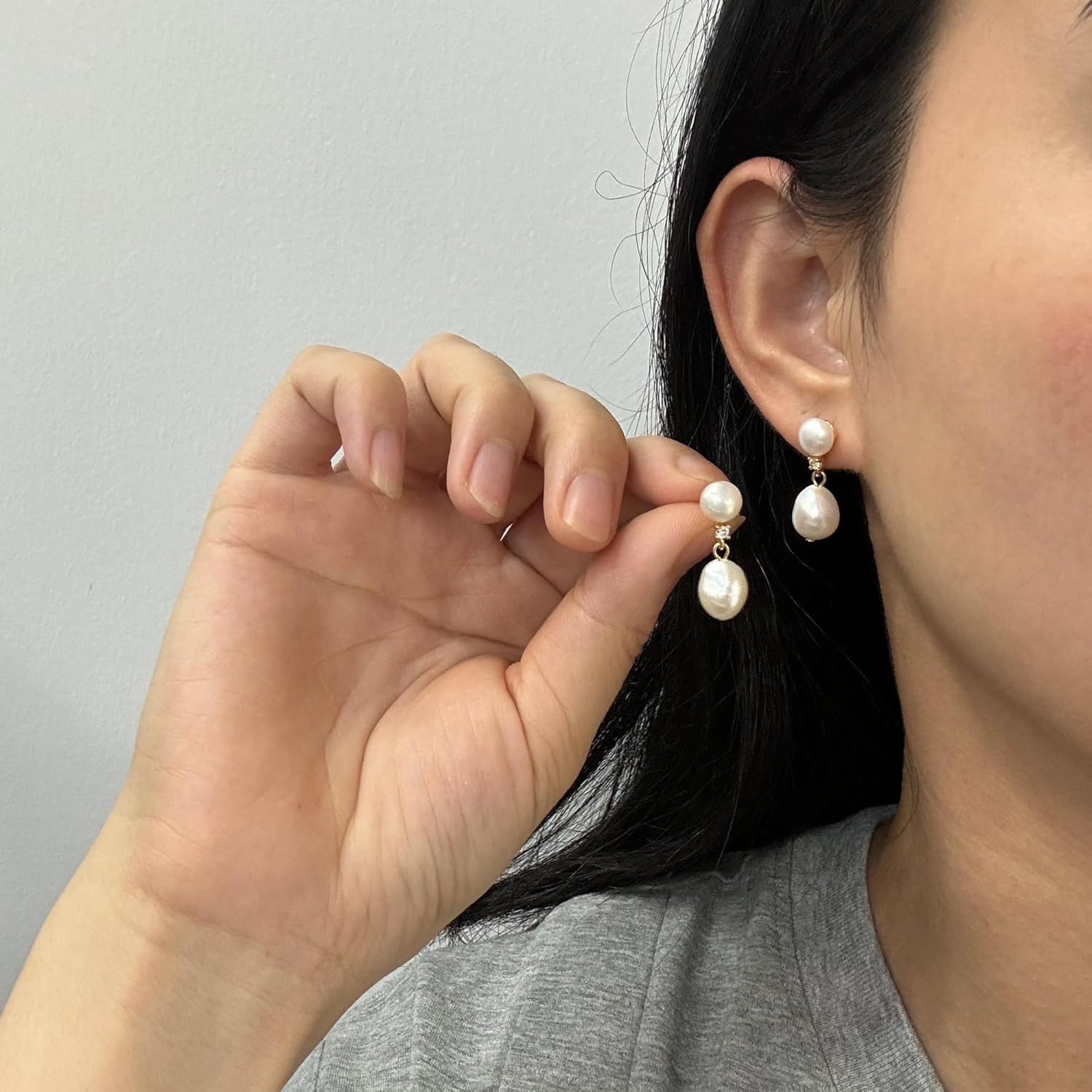 Handmade Freshwater Cultured Baroque Pearl Dangling Drop Earrings for Women, 14K Gold Plated - Image 2