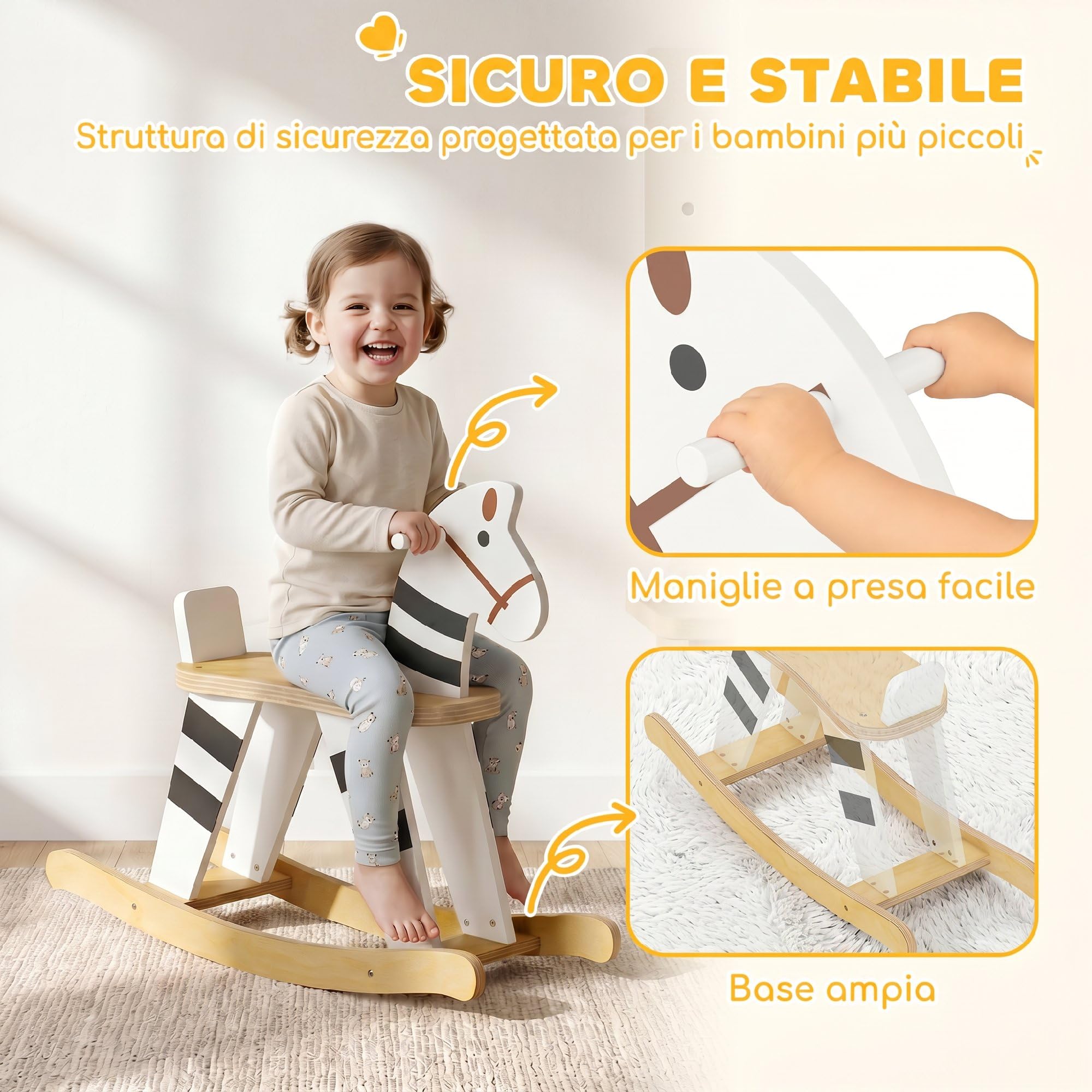 AIYAPLAY Cavallo a Dondolo per Bambini 1.5-3 Anni 68x26x53 cm Multicolore