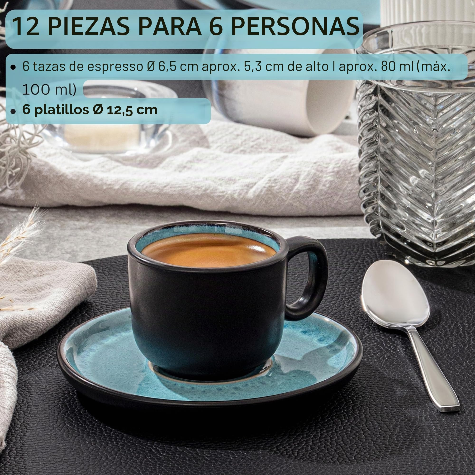 Sänger Granada Juego de tazas de café espresso (12 unidades, 80 ml), color azul con borde negro, 80 ml