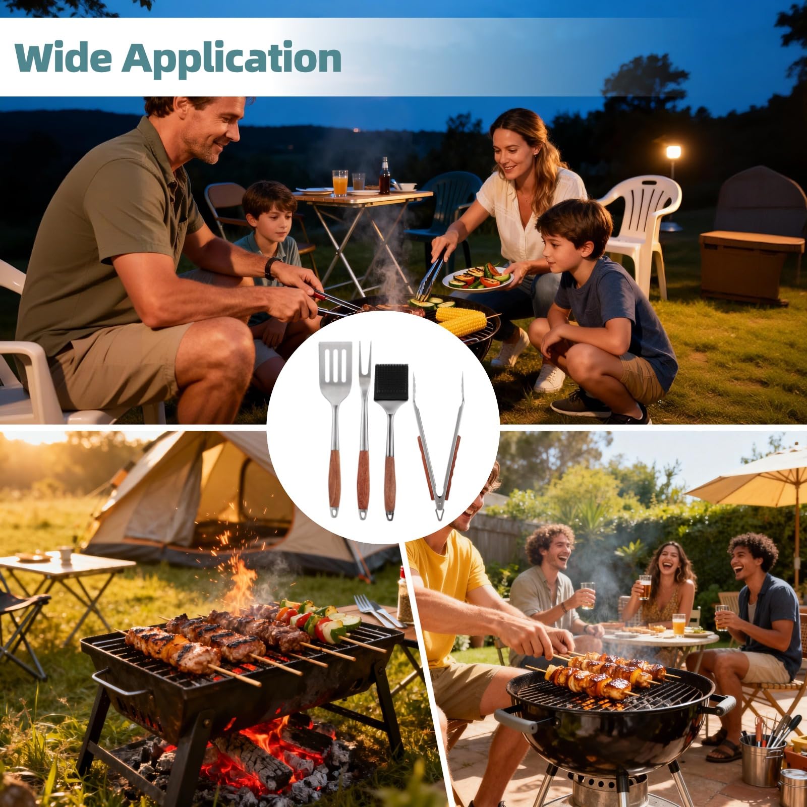 Outils Barbecue 4 pièces, spatule, Fourchette, Pince et Brosse de Nettoyage en Acier Inoxydable, poignée Isolante en Bois de Rose, Accessoires pour Grill extérieur, Cadeau pour Homme