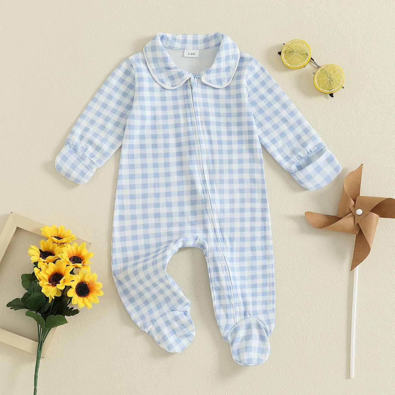 BULINGNA Newborn Baby Boy Girl Gingham Footed Romper Peter Pan Collar Infant Long Sleeve Zipper Jumpsuit Coming Home Outfit - Image 4