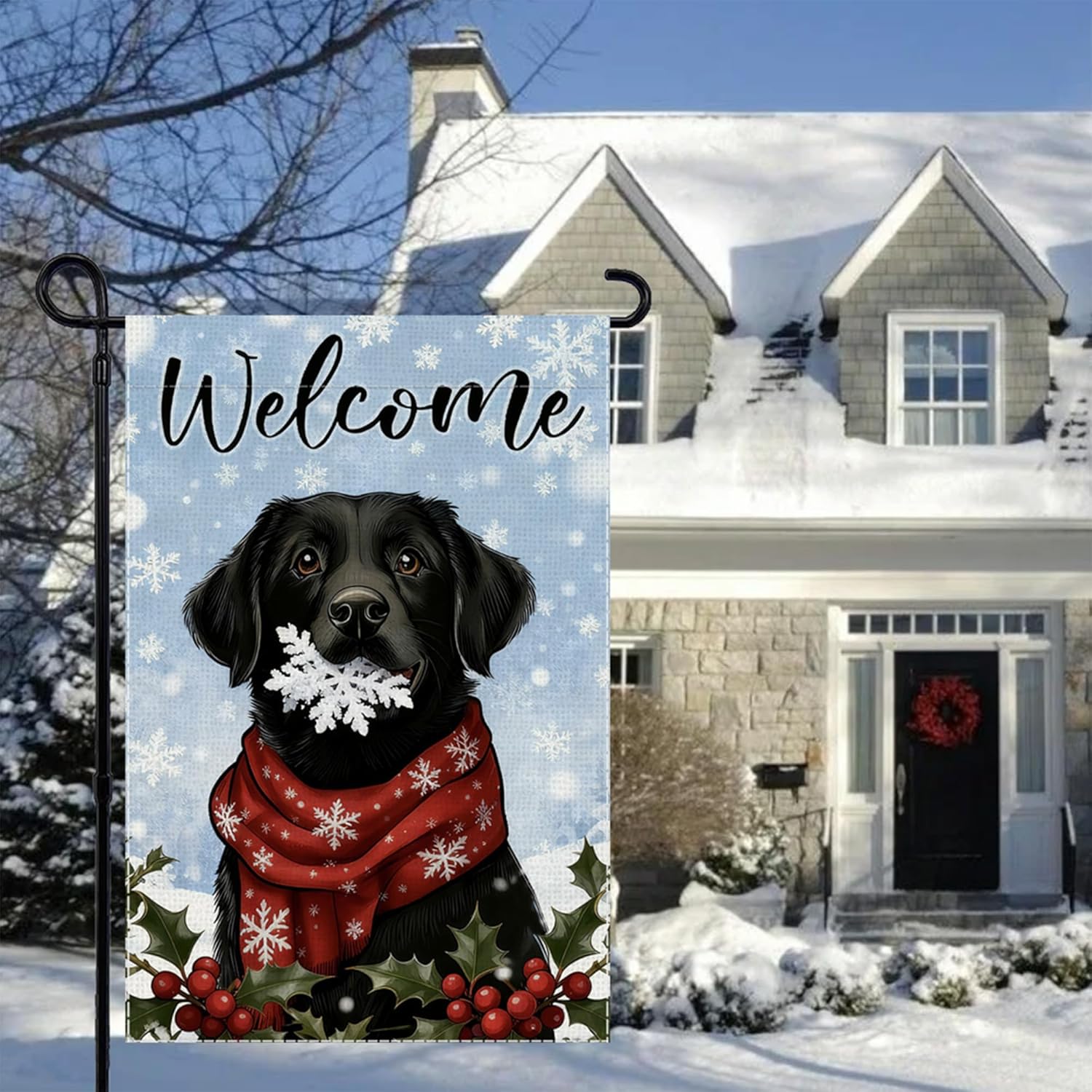 Welcome Winter Garden Flag Black Labrador Dog Small Flags for Outside, 12x18 Inch Snowflakes Double Sided Burlap Christmas Party Farmhouse Outdoor Yard Lawn Decoration - Image 5