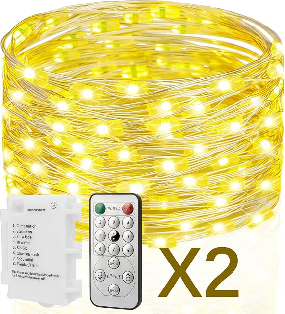 Koopower 2x100 LED Battery Fairy Lights with Timer, 11M Waterproof Silver String, incl. Remote (8 Modes, Dimmable, Timer) for Outdoor and Indoor Use, Pack of 2, Warm White