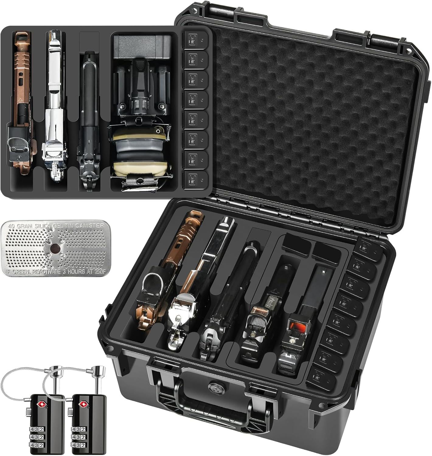 Hard pistol case with foam interior for 5 pistols & 15 mags