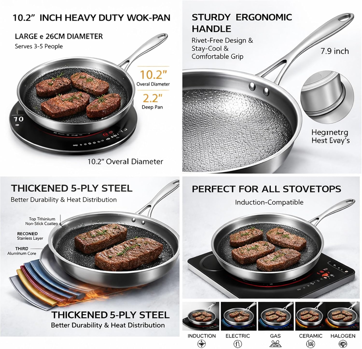 Pure Titanium Hammered Frying Pan with Lid, 10 Inch Skillet, No Coating Cookware, Even Heat, Scratch Resistant, Oven Safe, for Steak, Eggs, Salmon, Gas Electric Induction