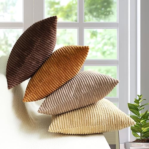 MEKAJUS Pack of 4 Throw Pillow Covers 18x18 Brown Decorative Soft Corduroy Solid Covers Modern Decor Square Cushion Covers for Couch Sofa Bedroom Car Living Room (Brown)