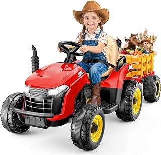 ARBELI 12V 7AH Kids Ride On Tractor w/Trailer & Remote Control, Red