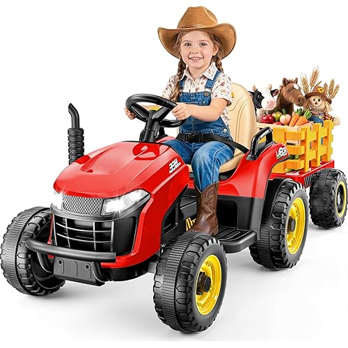ARBELI 12V 7AH Ride on Tractor w/Tiltable Trailer & Remote Control, 2x45W Motors, Bluetooth, Music, Shifter, Ride on Toys for Kids Ages 2-5 (Red)