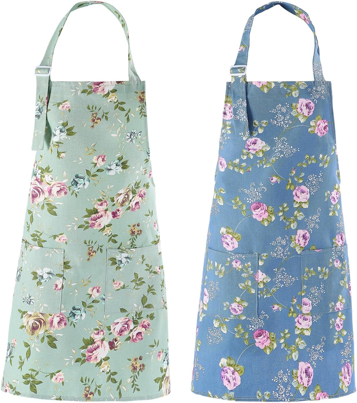 DDJYP Women Kitchen Apron-2 Pack, Cotton Canvas Flower Apron, Floral Pattern Apron with Pockets for Women Chef Apron(Green&Blue)
