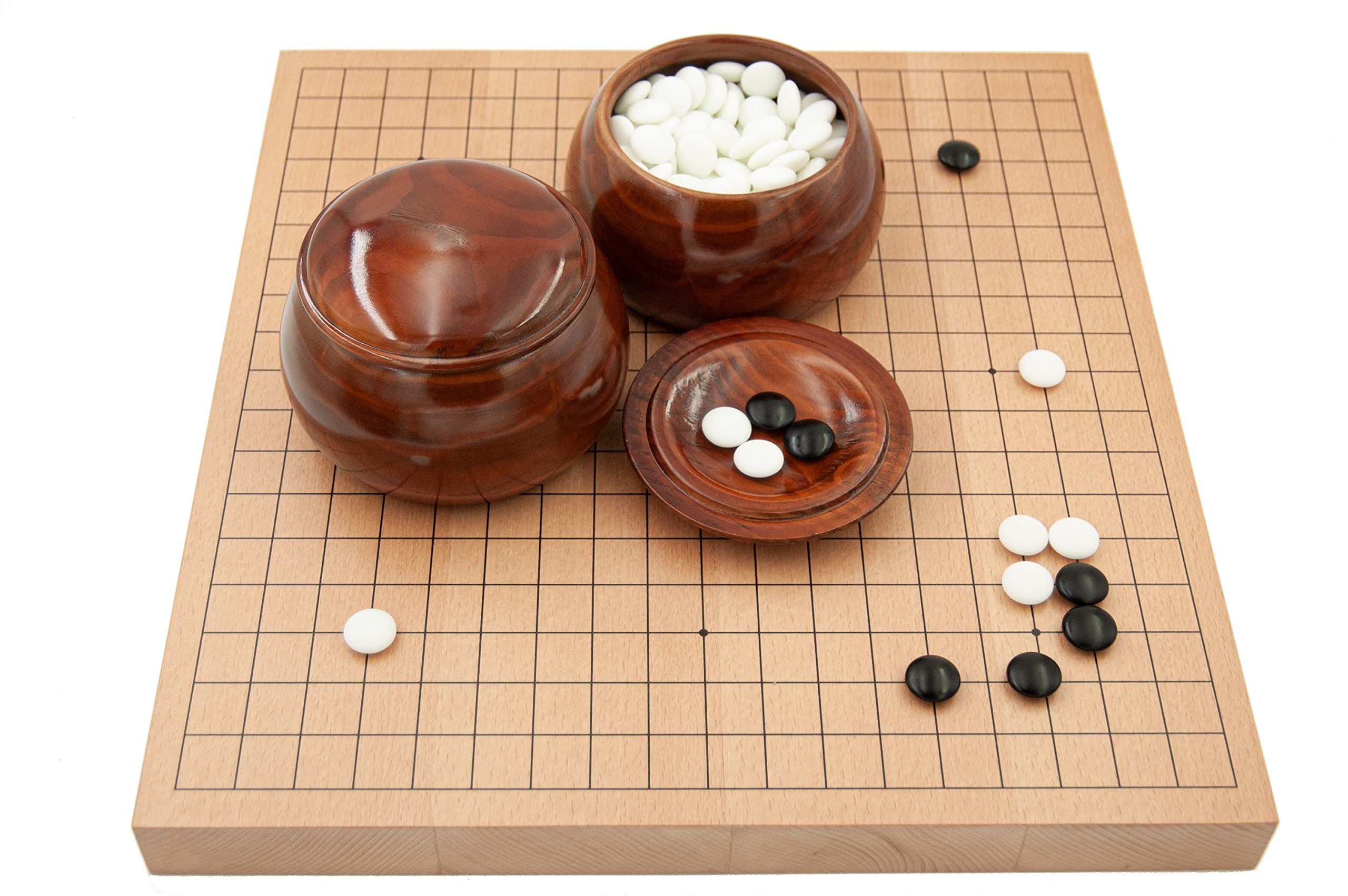 Go-Set Buchenfurnier-Brett (19x19, 36mm) mit Yunzi-Steinen und Holzdosen